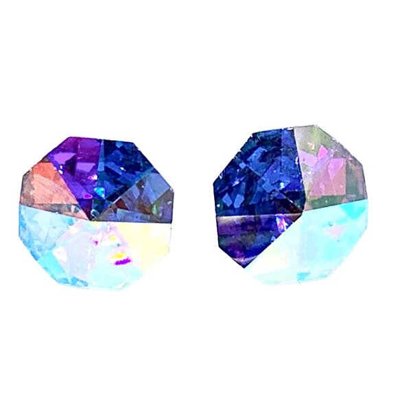 Faceted Aurora Borealis Crystal Stud Earrings 16 mm Silver-Tone Backing Wedding - Picture 7 of 7